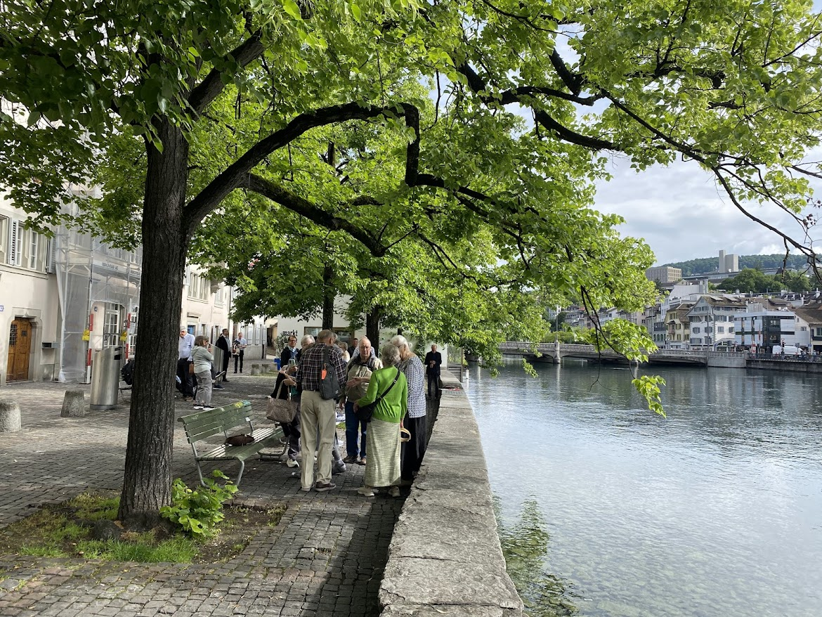 A group of people stand under a tree beside the river in Zurich.