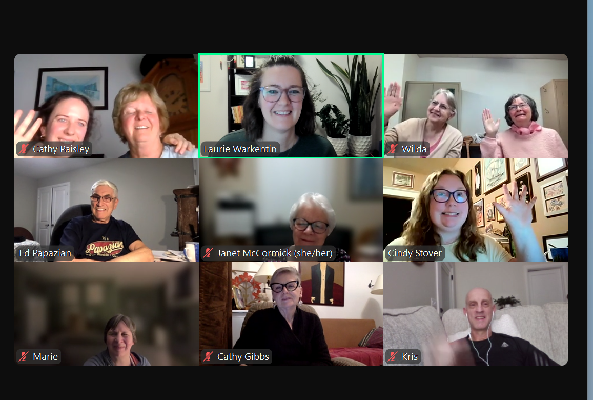A Zoom screenshot of 9 different screens, most with single users, and two with two individuals.