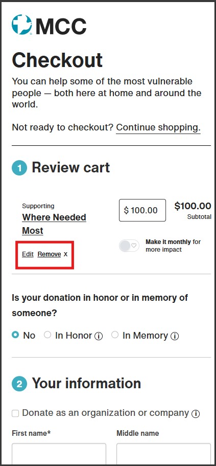 Online checkout screenshot highlighting edit and remove item options.