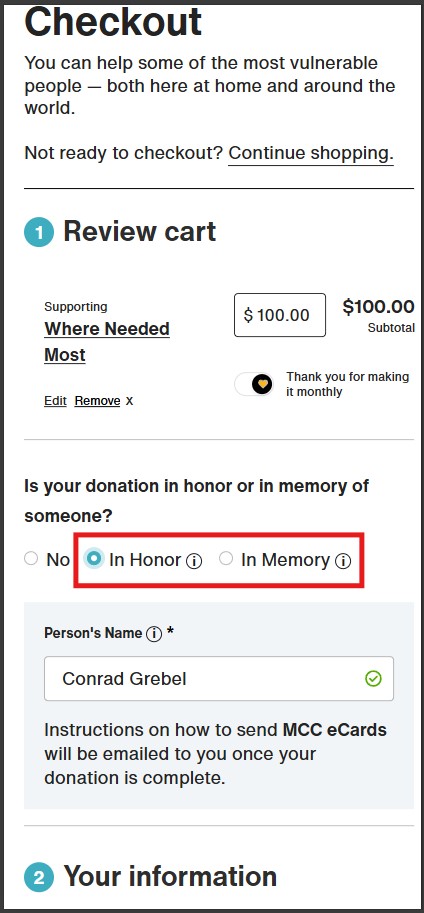 Online checkout screenshot highlighting memorial and tribute options.