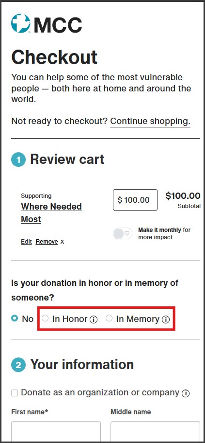 Online checkout screenshot highlighting tribute and memorial options.