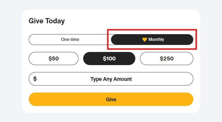 Screenshot of donation block with "monthly" selected.