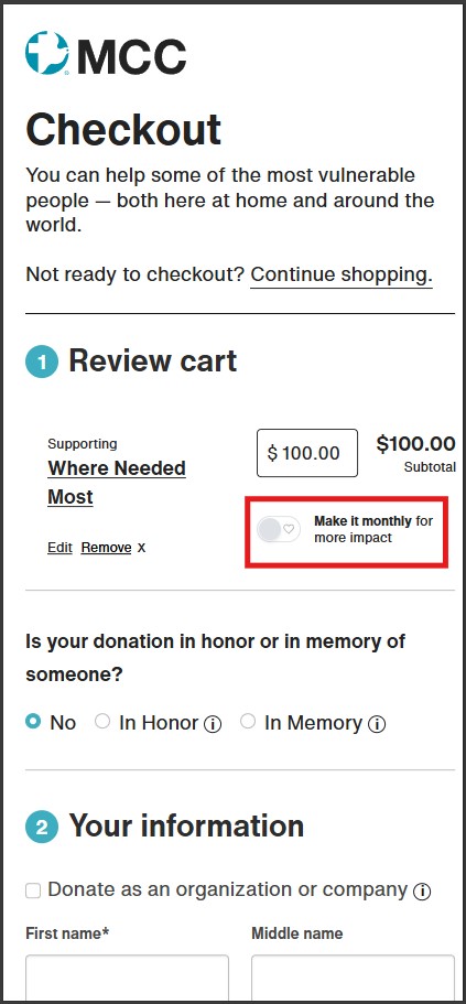 Online checkout screenshot highlighting toggle for recurring donations.