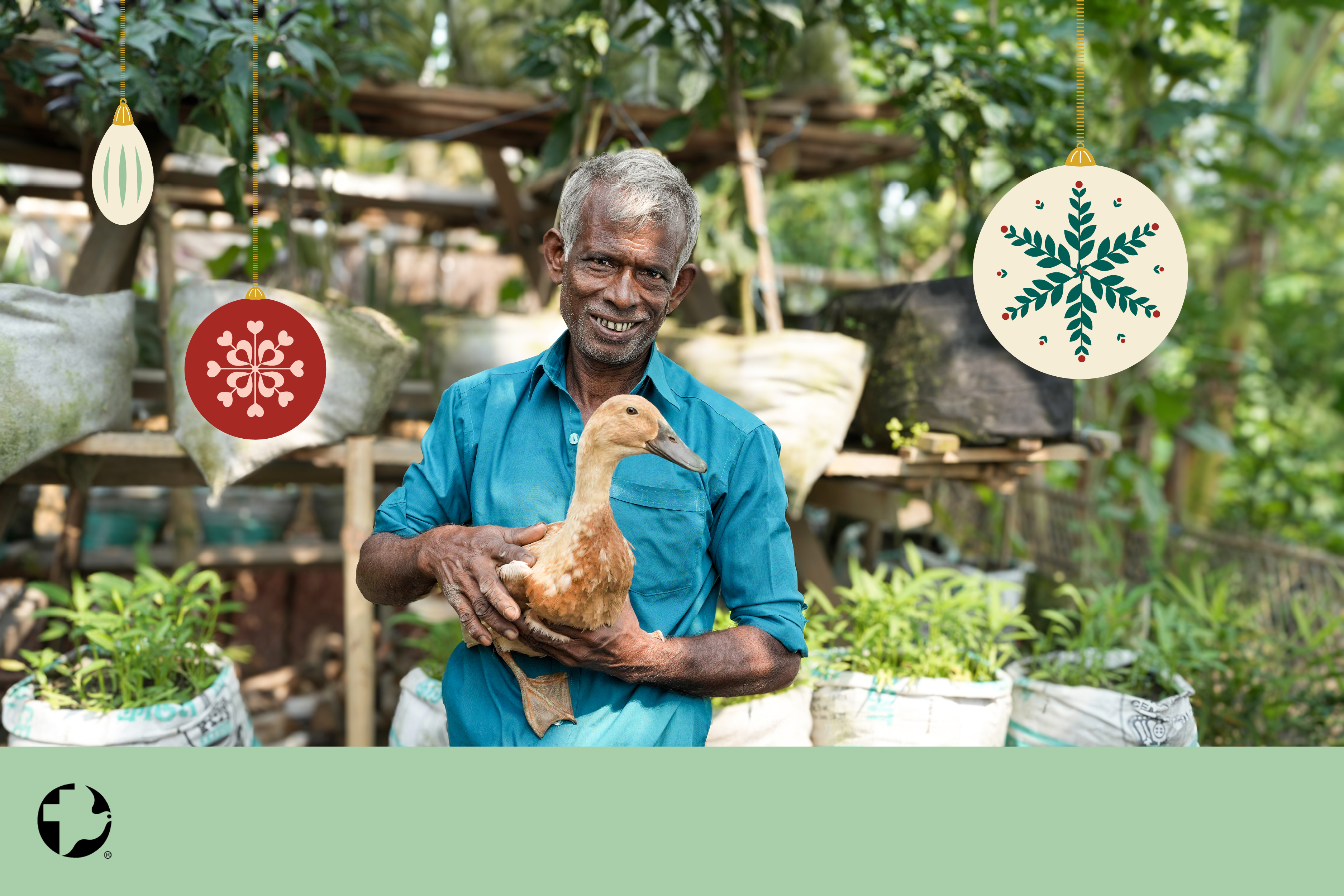 A man holding a duck. Christmas ornaments are imposed over the photo with the MCC logo in the bottom left corner.