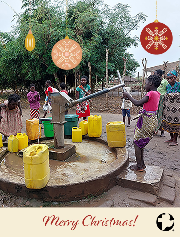 The cover of an MCC Christmas card featuring kids and families at a well