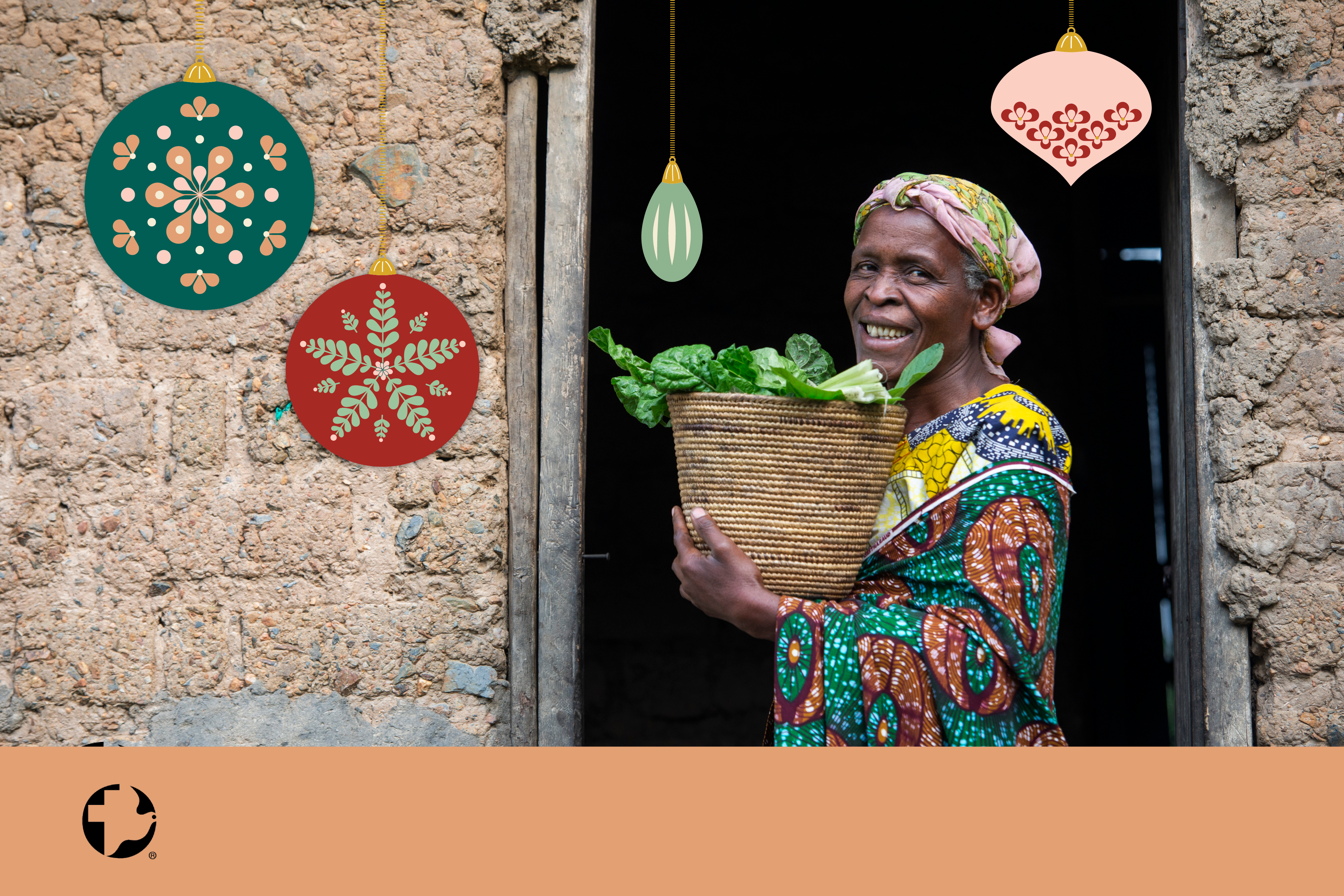 A woman smiling in her house doorway holding up a bag of green vegetables