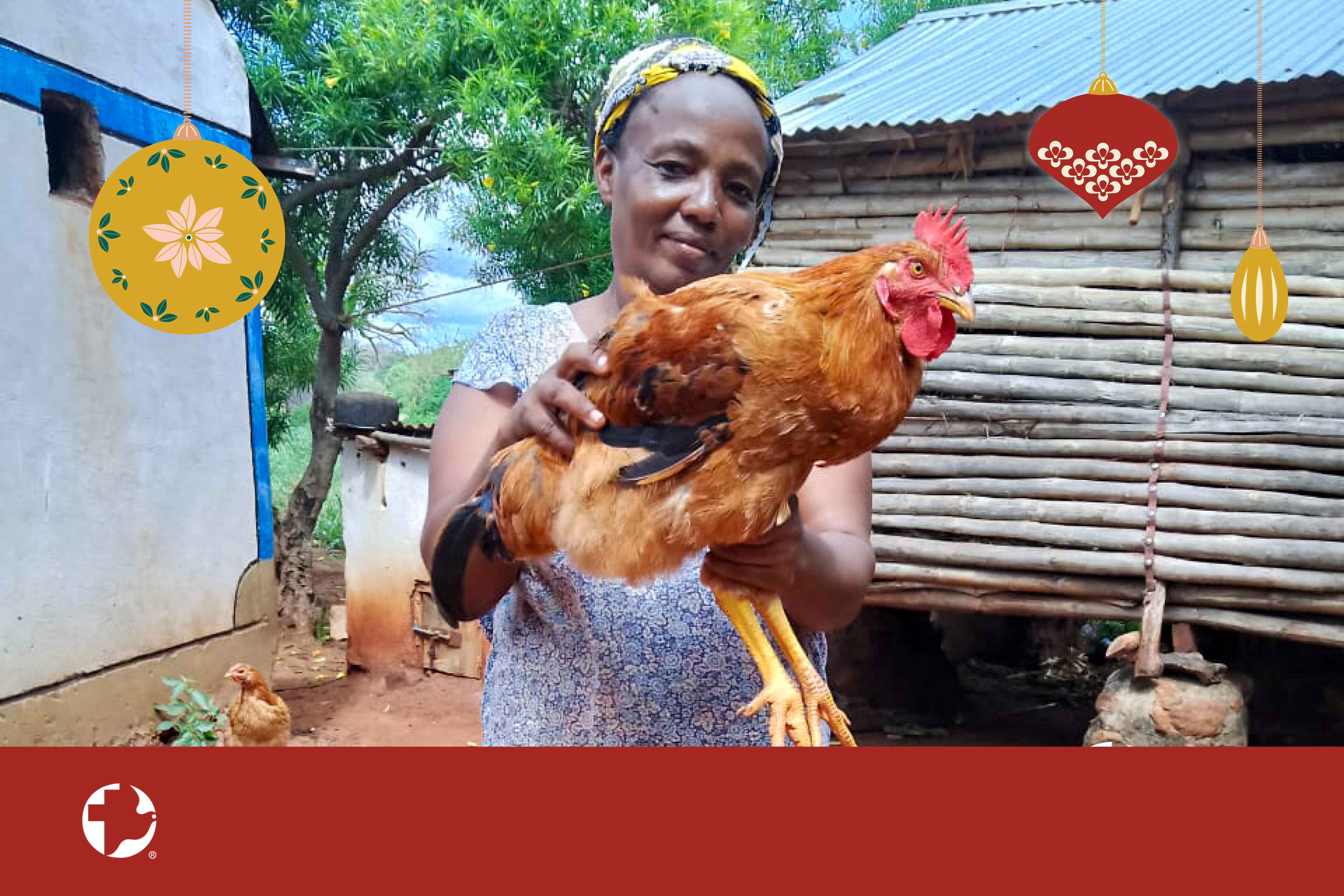 A woman holding up a chicken