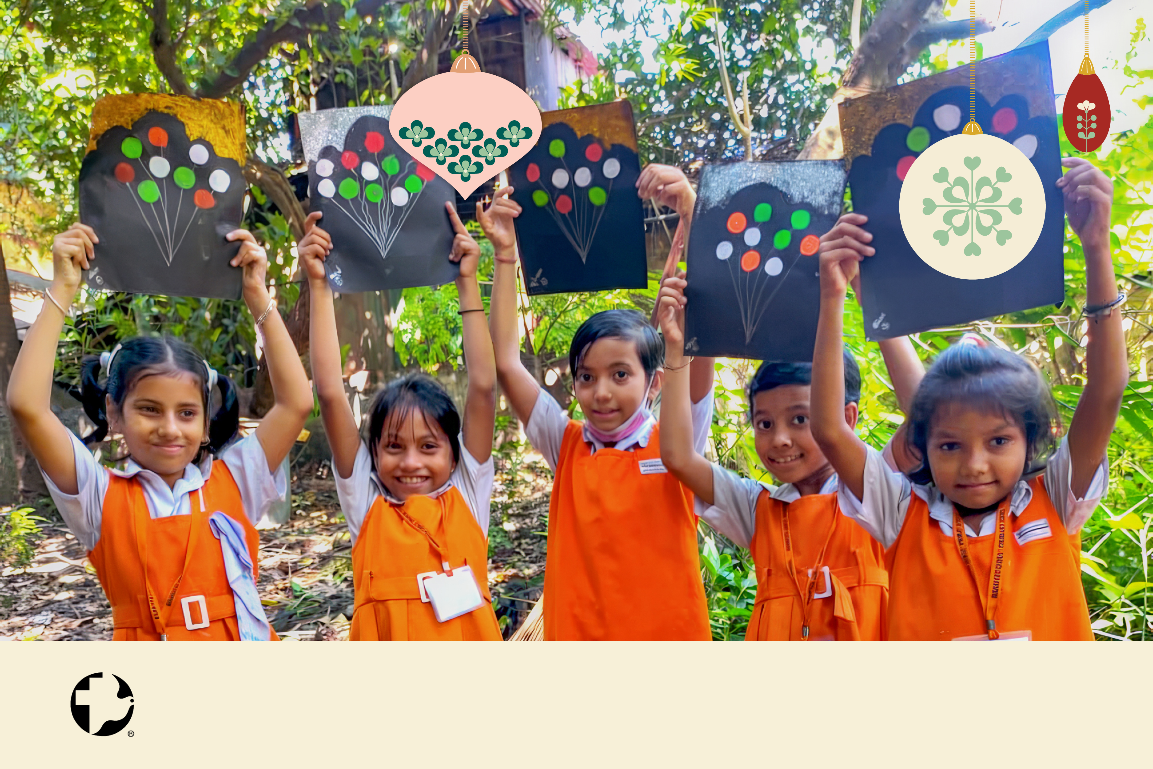 A group of young children holding up paintings and crafts