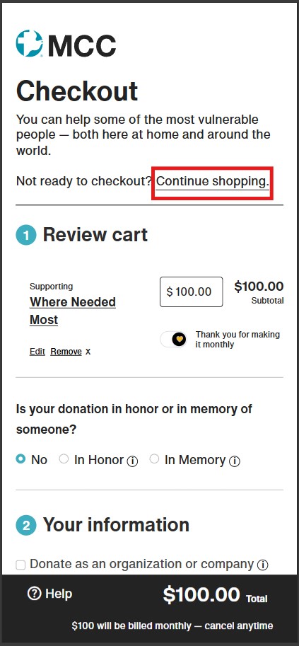Online checkout screenshot highlighting option to continue shopping.