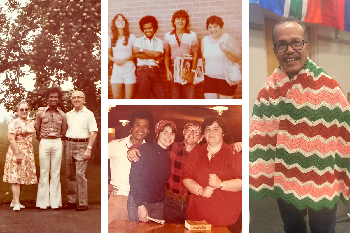 Collage of an international program participant with U.S. host parents, local church young adults, and as an adult wearing a blanket made by a host parent.