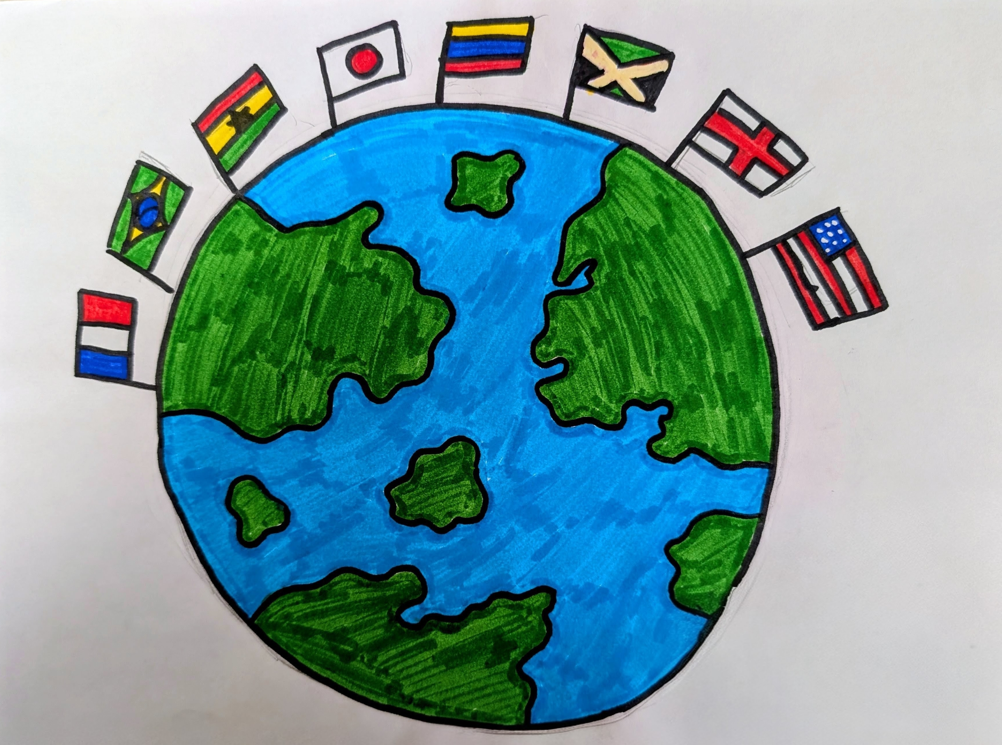 children's artwork of globe with eight flags on top of it