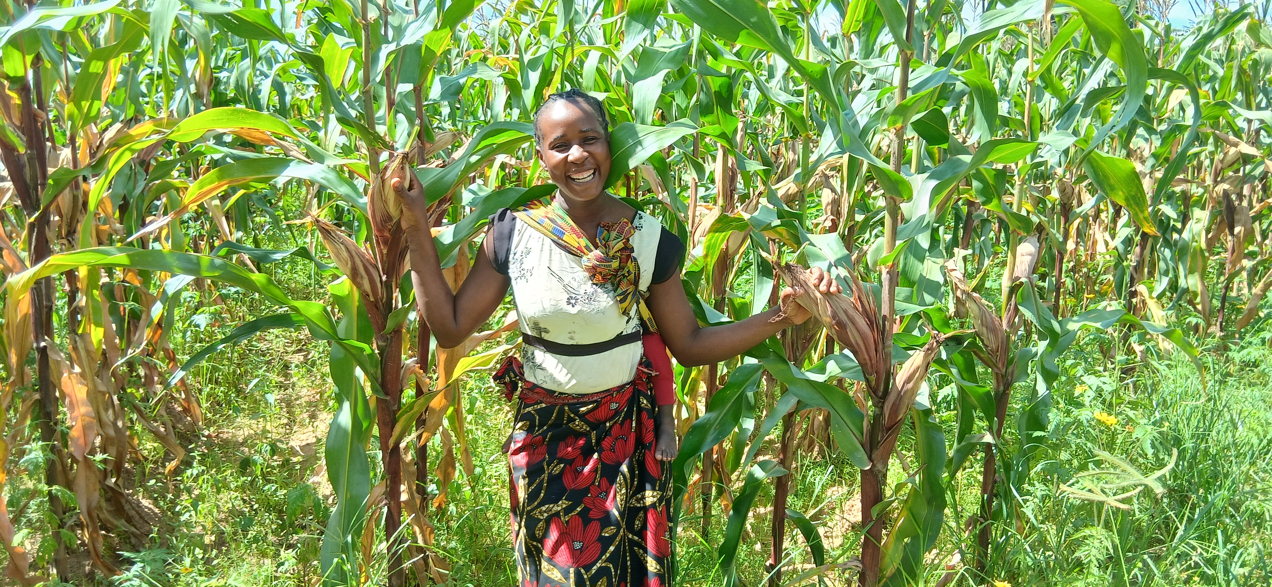 A woman in Zambia stands in a field of Maize crops that she grew. 