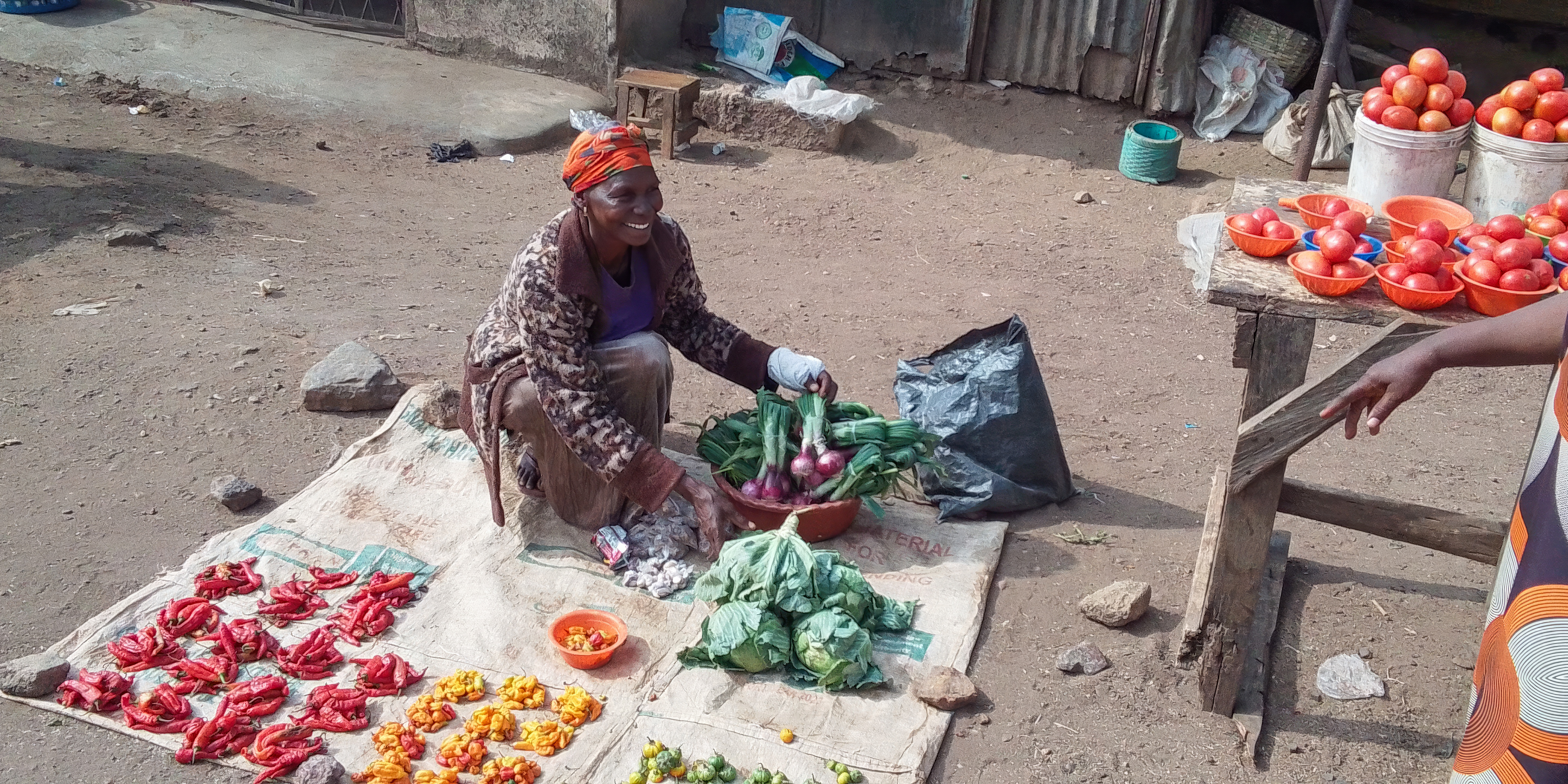 A woman from Nigeria sits on a blanket with vegetables that she sells for her small business. 