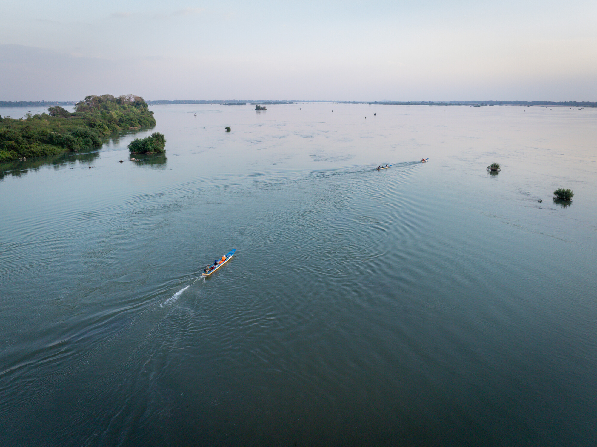 An aerial view of the river patrol boats on the Mekong River.