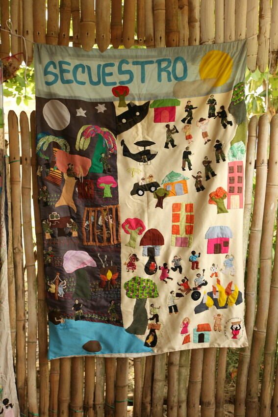 In 2010,  Former MCC worker, Teresa Geiser, drew on her experiences in El Salvador to teach women in Mampuján, Colombia, to make story quilts to document the details of their displacement as a trauma