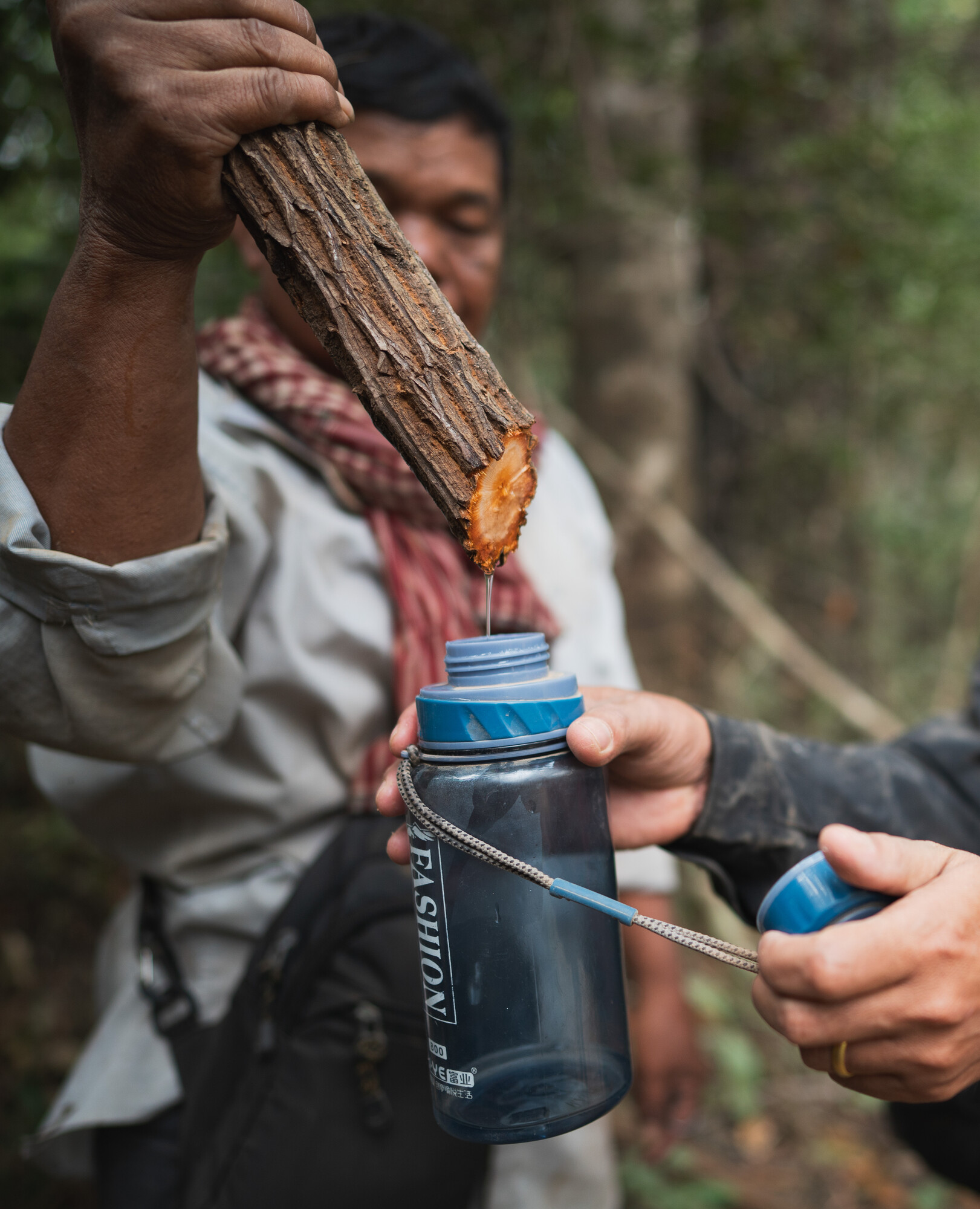 MCC staffer, Aim Mok, 42, drinks from a tree branch that can produce water that is safe for humans to consume, during a community patrol in Kratié Province.