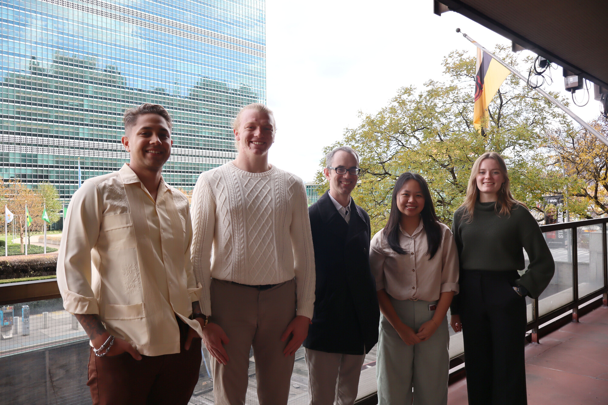 A group of participants and staff from Hesston College smile for a photo during the MCC UN Student Seminar in New York City in November 2025.