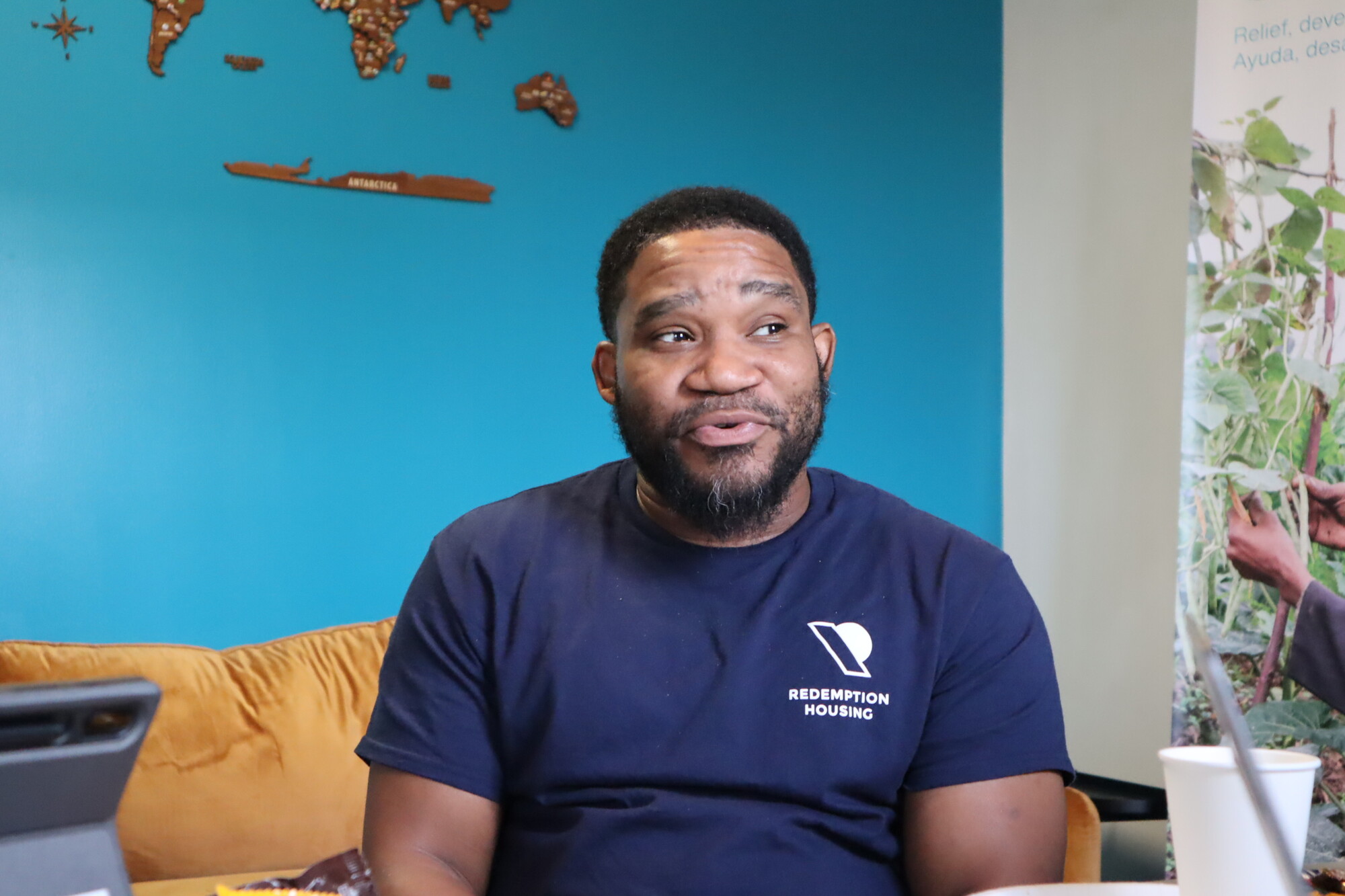 Jonathan McClendon, Chaplain Intern, sits down for an interview at MCC’s Philadelphia location in November 2025, discussing his journey from incarceration to working with Redemption Housing.