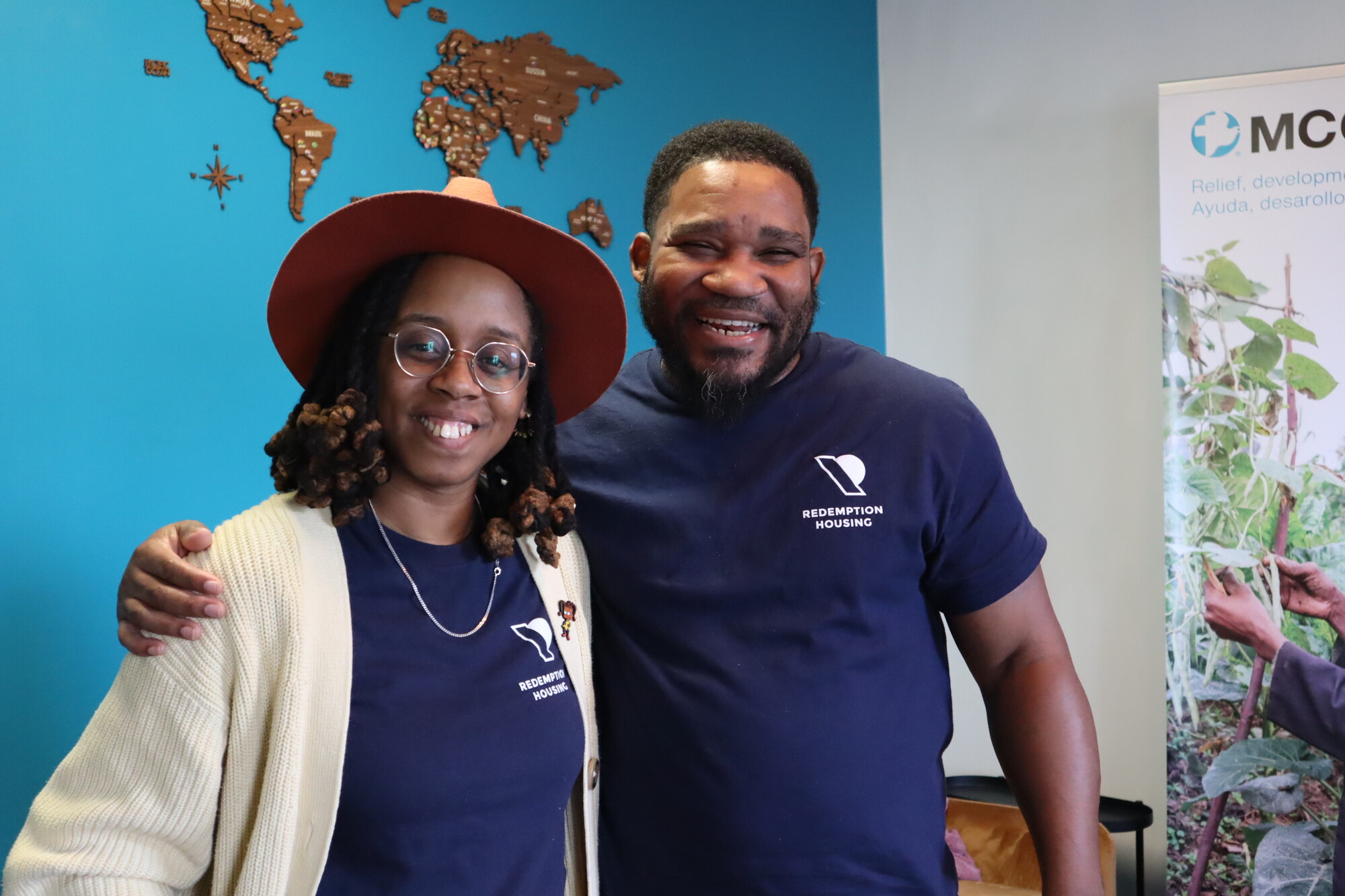 Dr. Lori Banfield, Executive Director of Redemption Housing, and Jonathan McClendon, Chaplain Intern at Redemption Housing, pose for a photo after completing an interview in Philadelphia, PA, in Novem
