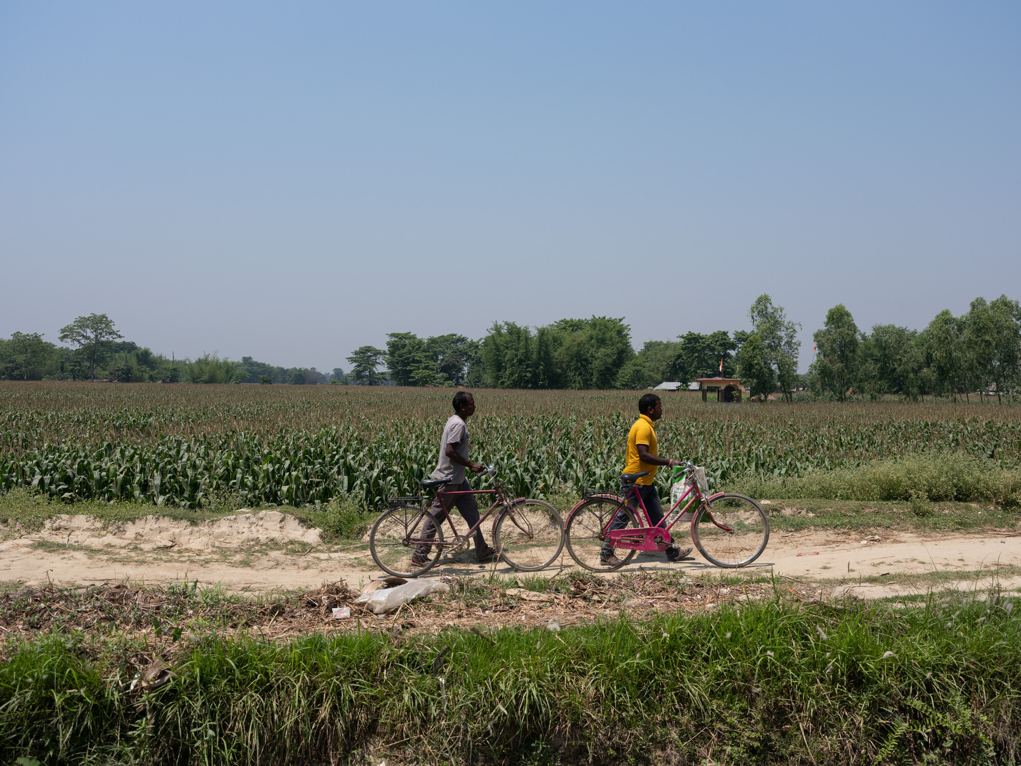 Shree Ram Mahato (42) and Ranjit Mahato Nuniya (35) are heading towards their farm in Jahada Rural Municipality- 5, Morang, Nepal on Wednesday, April 24, 2024. Both of them are members of Shree Ram Ja