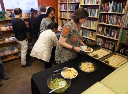 five people in library sample dessert