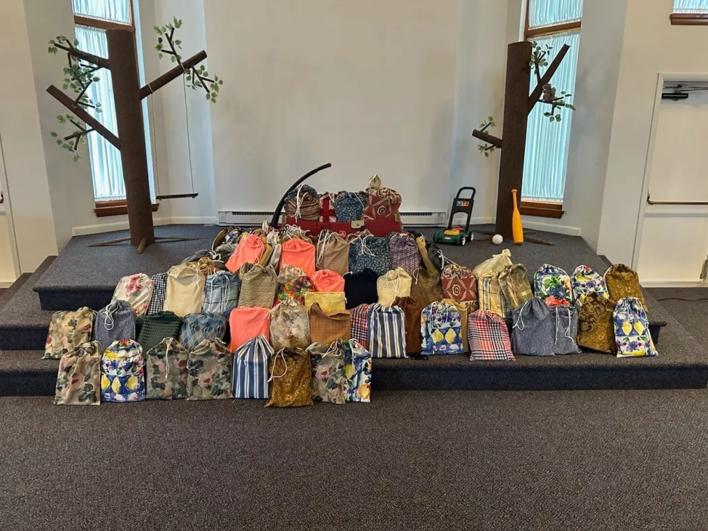 A group of school kits packed by members of the Bally Mennonite Church.