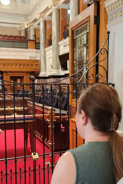 Elena looks at the Legislative Chamber in the BC Parliament Building