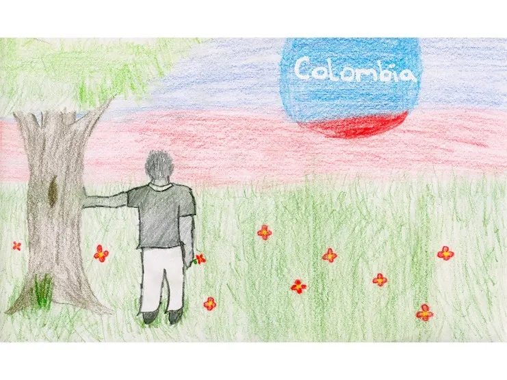 Drawing of a boy standing next to a tree and on a field.