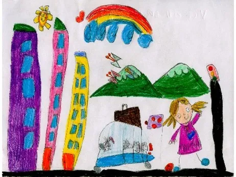 Crayon drawing of mountains, buildings