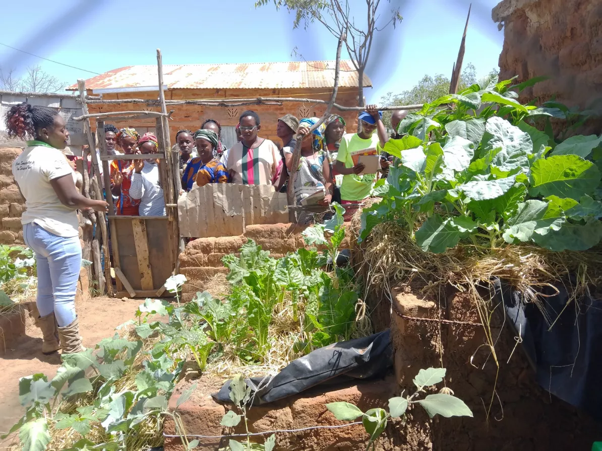 A Kenyan woman stands in a garden and speaks to a group of people who are standing behind a fence.