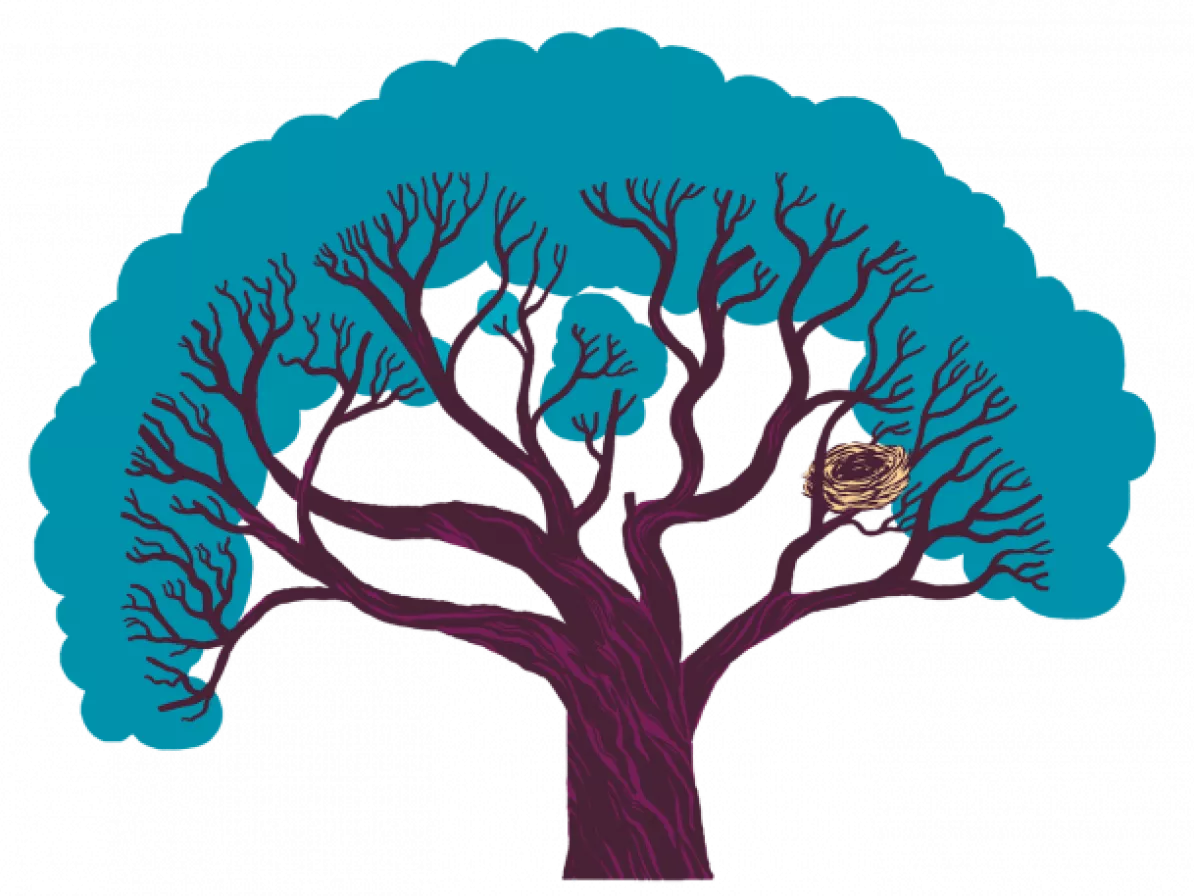 An illustration of a tree with blue leaves