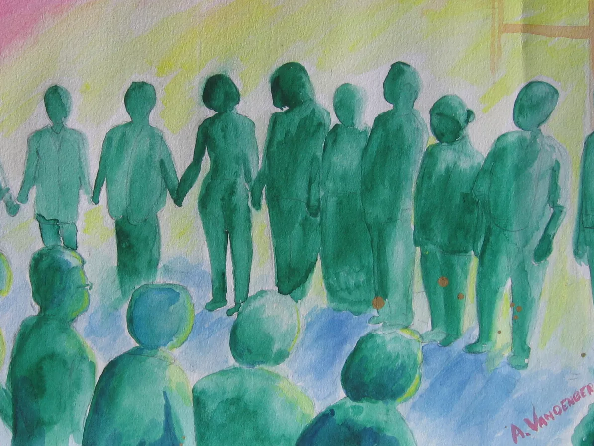A watercolor painting pictures people in green profile standing in a circle. 