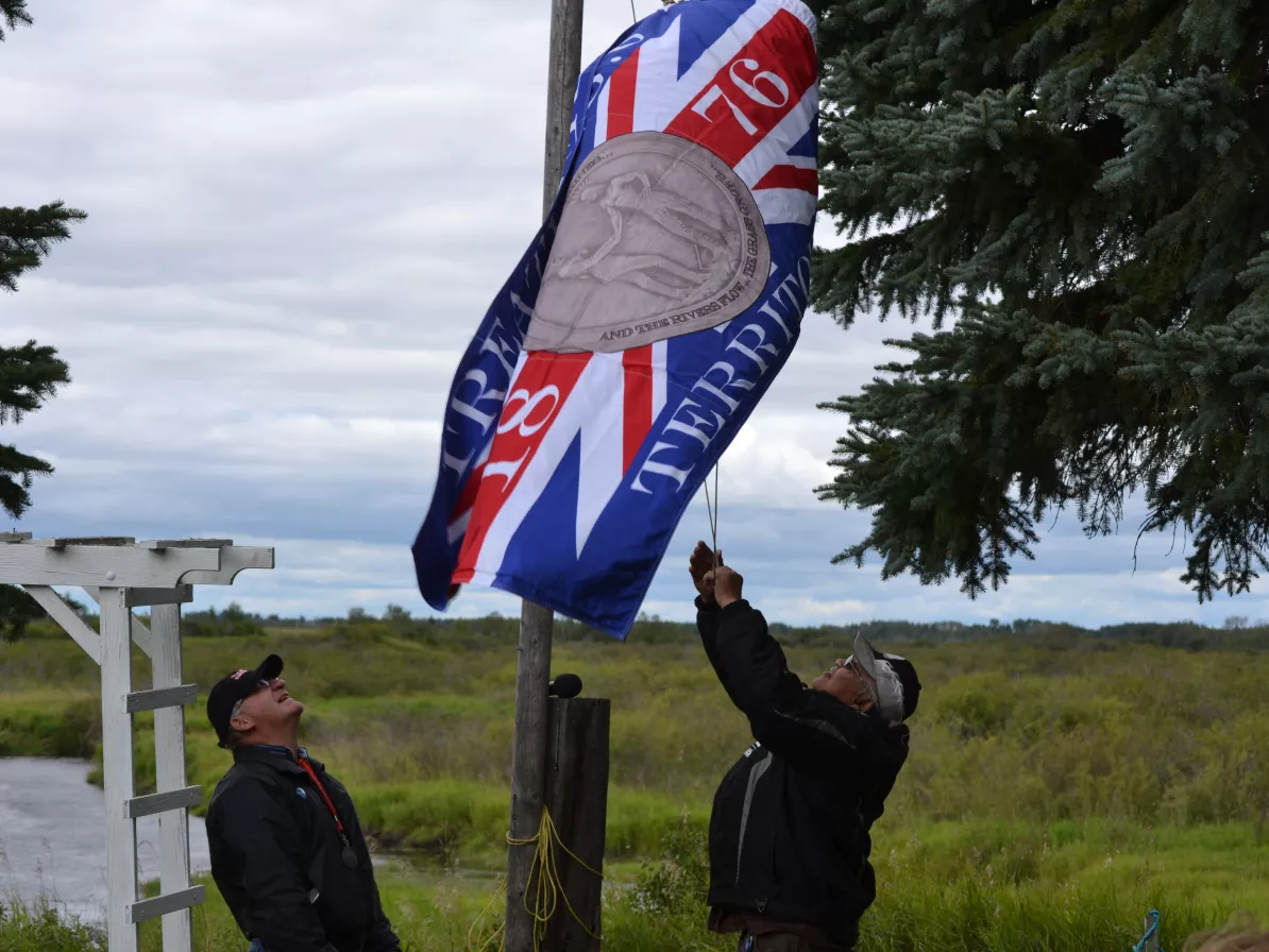 Two men in hats and jackets raise a flag on a flag poll