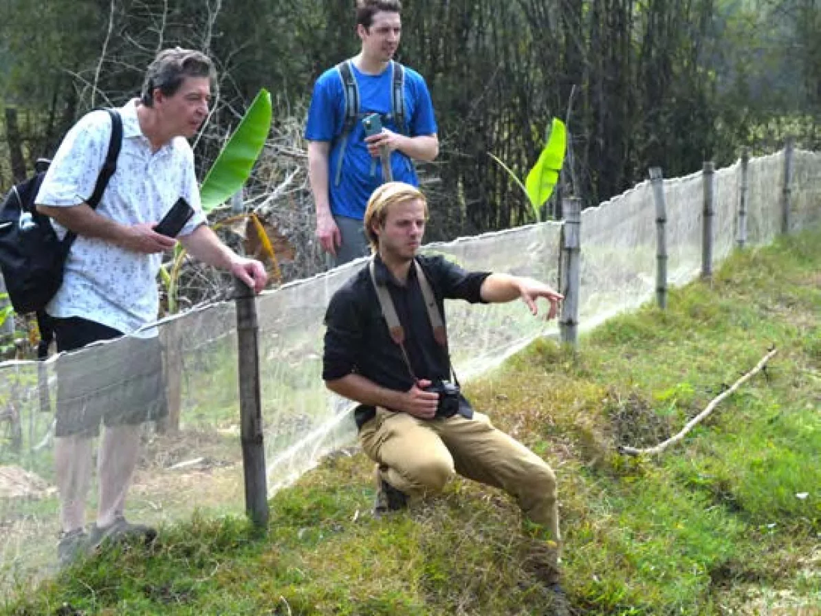 Three men on a learning tour on a grassy hill