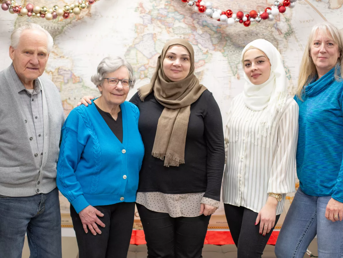 Left to right: Jake Wiebe, Elsie Wiebe, Mannal Khchfa, Alsar Zarour, Karen Janz