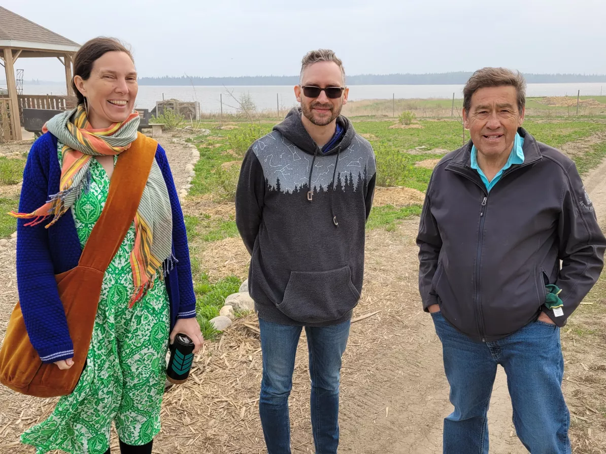 Ruth Plett (left), MCC Canada senior director of equity and domestic programming, and Zacharie Leclair (middle), MCC Quebec regional representative, met with Harry Lafond (right) from Muskeg Lake Cree Nation to learn how the Cree community is developing expertise in forest horticulture. (Photo by Randy Klassen)