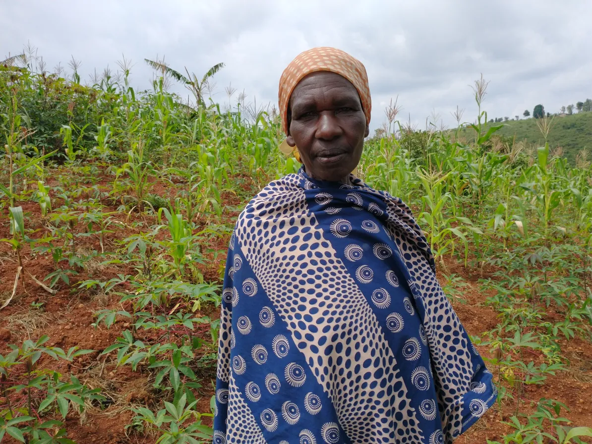 Nahimana Marceline stands in front of a neighbors corn field in Mutwazi colline, Mabanda commune, Makamba province, Burundi. The corn is severely stunted from lack of rain and poor crop management. Th