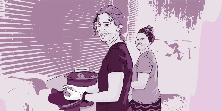 An illustrated image of two ladies washing potatoes.