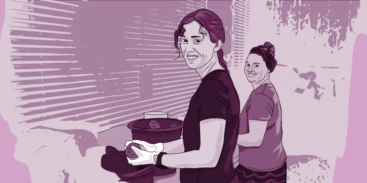 An illustrated image of two ladies washing potatoes.