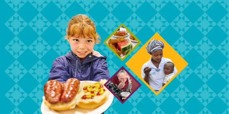 A girl holding a plate of farmers sausage on a bun with a quilted collage including a woman feeding a baby, watermelon and rollkuchen and a Ukrainian woman in winter clothing eating soup