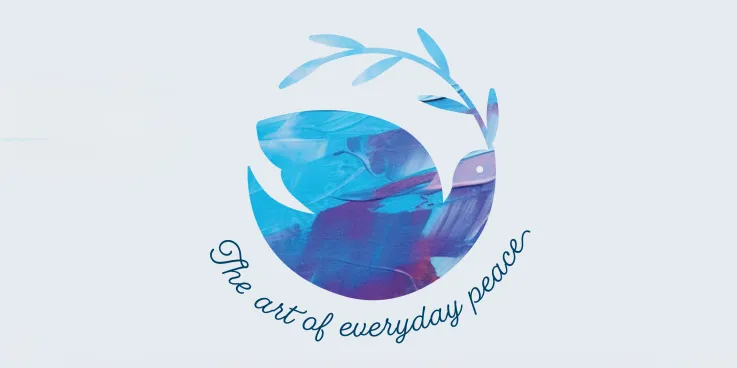 A designed dove with an olive branch in its mouth. The dove and branch make a circular shape and the words "The art of everyday peace" are written underneath.