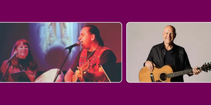 Music & Storytelling event poster featuring RainSong (Terry and Darlene Wildman) and Brian Doerksen with guitars and microphones.