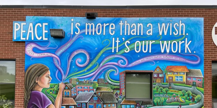 More Than A Wish (MTAW) mural on the south side of the head office at Plaza Drive, Winnipeg. Created by Annie Bergen.Annie is a muralist as well as an arts educator who creates group mural project