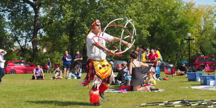 Melvin Starr, Ojibwe Hoop Dancer, performed at the We Are All Treaty People Celebration held on Parks Canada land at the Forks, the meeting place of the Red and Assiniboine Rivers, in Winnipeg, Manito