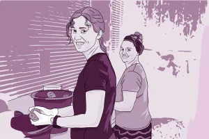 An illustrated image of two ladies washing potatoes.