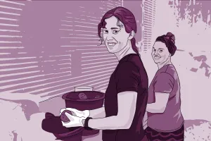 An illustrated image of two ladies washing potatoes.