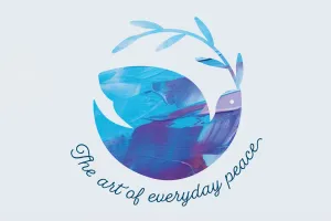 A designed dove with an olive branch in its mouth. The dove and branch make a circular shape and the words "The art of everyday peace" are written underneath.