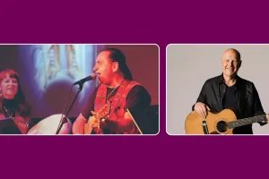 Music & Storytelling event poster featuring RainSong (Terry and Darlene Wildman) and Brian Doerksen with guitars and microphones.
