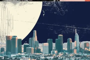 Art depicting the Los Angeles skyline, large moon.