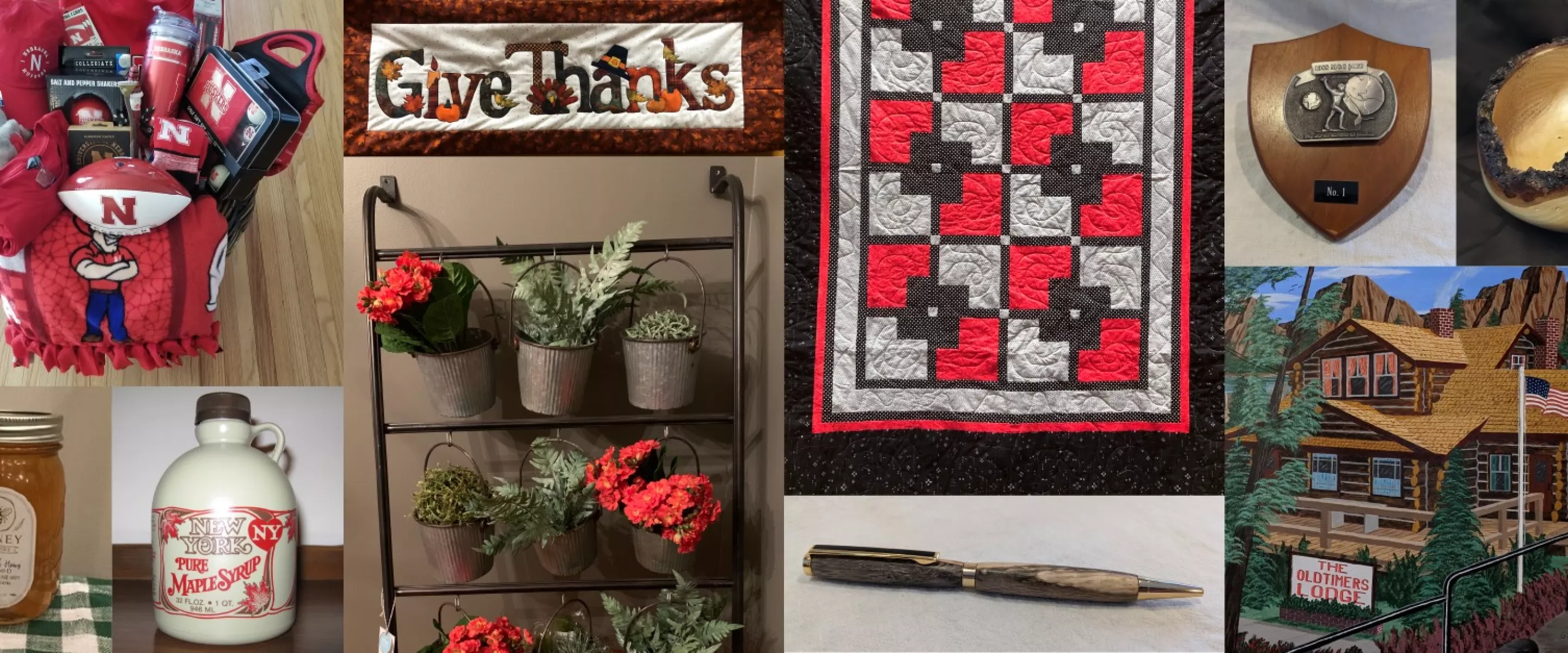 gift basket, quilt, plaque, plants, pen and painting to be auctioned